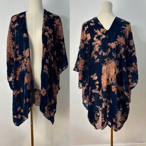 Blue Burnout Velvet with Rust Floral Kimono Cardigan Layering Grunge Boho Fairy